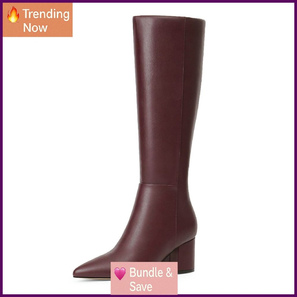 Knee High Boots Chunky Heel Pointed Toe Side Zipper Faux Leather